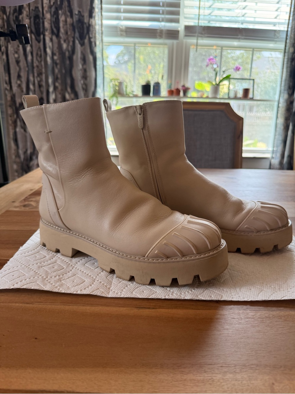 Franco Sarto Cream Lug Sole Zip Combat Boots